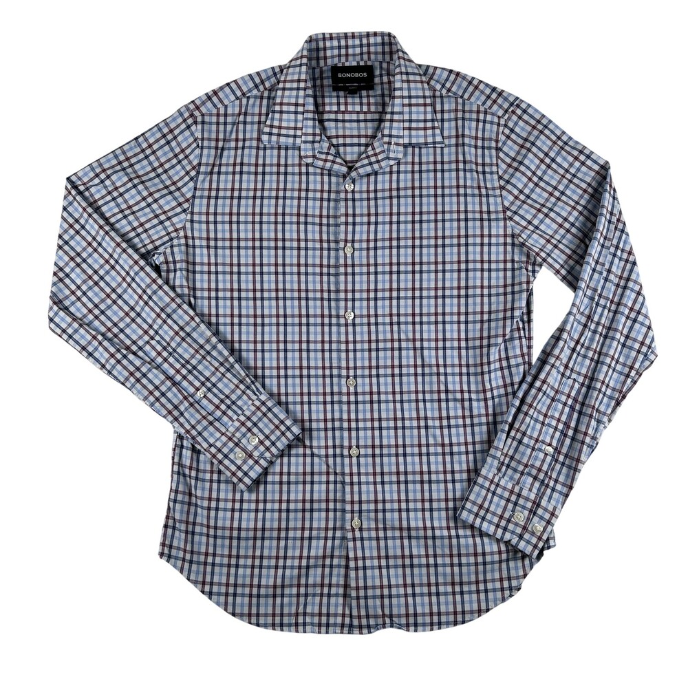 Bonobos Shirt Mens Medium Blue Plaid Long Sleeve Button Up Stretch Slim Fit